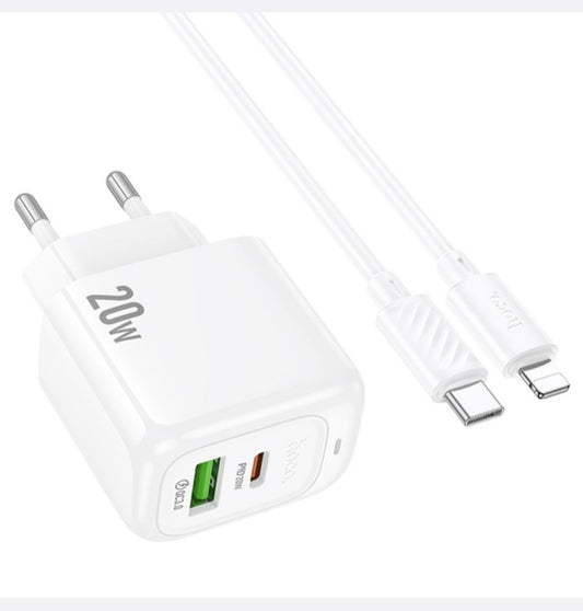 Hoco Fast Charger 20W Dual Ports with USB-C To IP 1m Cable for iPhone - CS54A