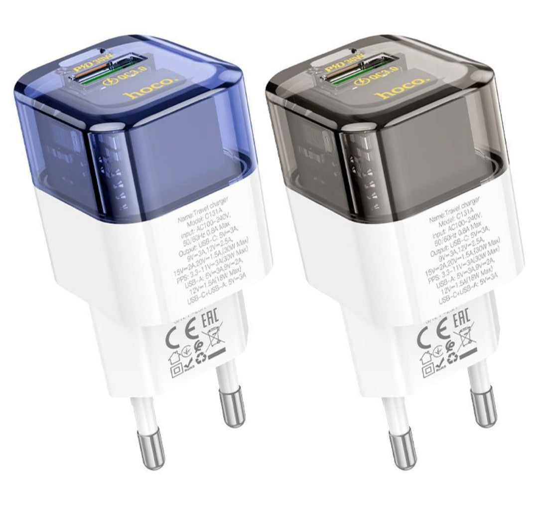 HOCO-C131A-Fast Type C Charging Adapter 30Watt With Dual Port USB+ Type C