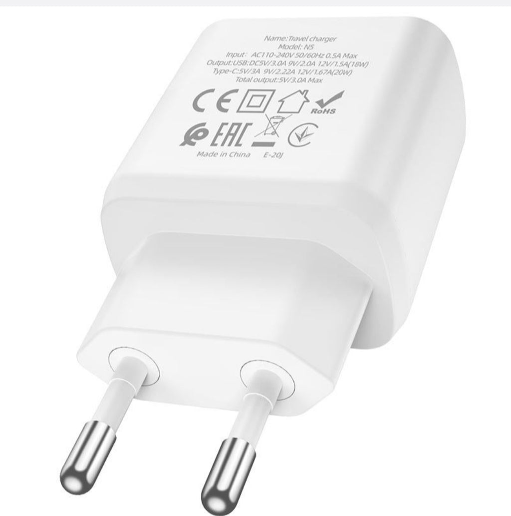 HOCO-(N5)-Fast Type C Charging Adapter 20Watt With USB + Type C Port