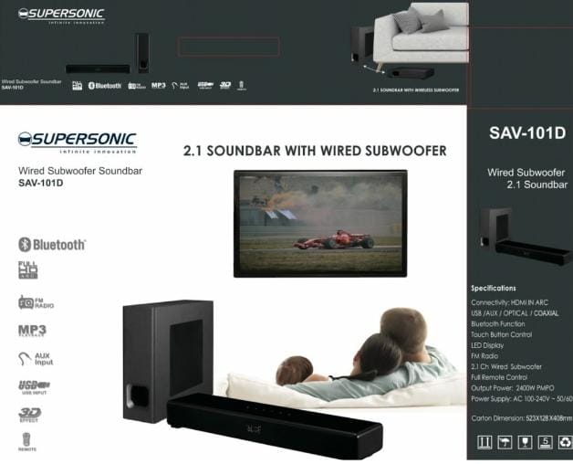Supersonic 2.1 240W Soundbar 6.5" Subwoofer BT/HDMI/USB/AUX SAV-101D